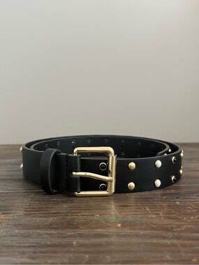 Black Leather Studded Belt with Gold Buckle